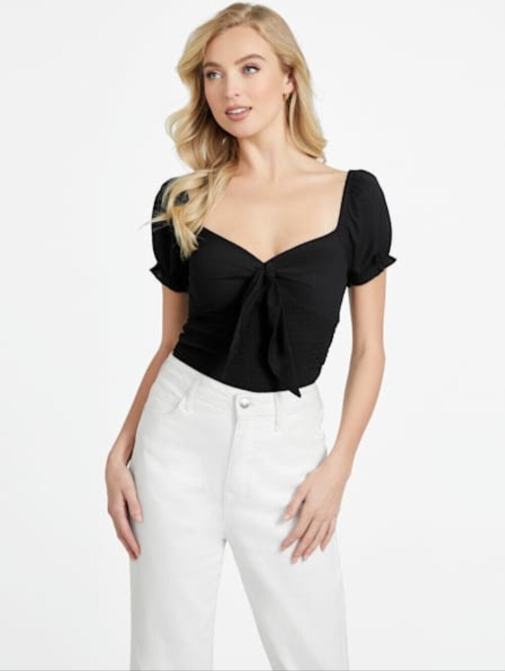 Guess 'Ivy' Smocked Tie-Front Crepe Top